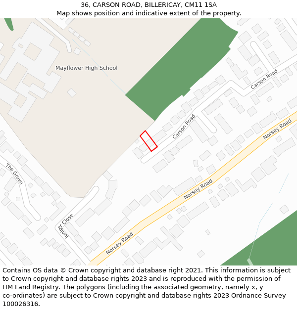 36, CARSON ROAD, BILLERICAY, CM11 1SA: Location map and indicative extent of plot