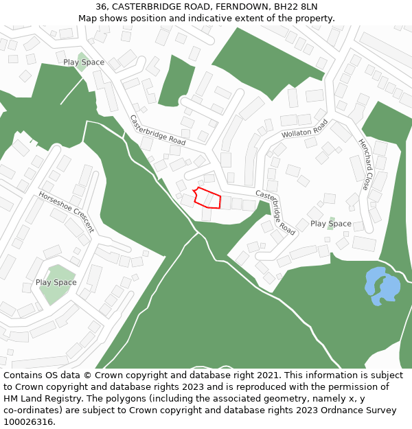 36, CASTERBRIDGE ROAD, FERNDOWN, BH22 8LN: Location map and indicative extent of plot