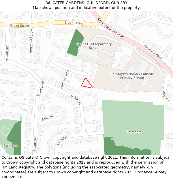 36, CATER GARDENS, GUILDFORD, GU3 3BY: Location map and indicative extent of plot