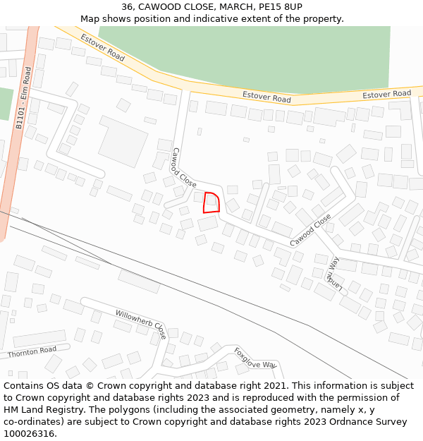 36, CAWOOD CLOSE, MARCH, PE15 8UP: Location map and indicative extent of plot