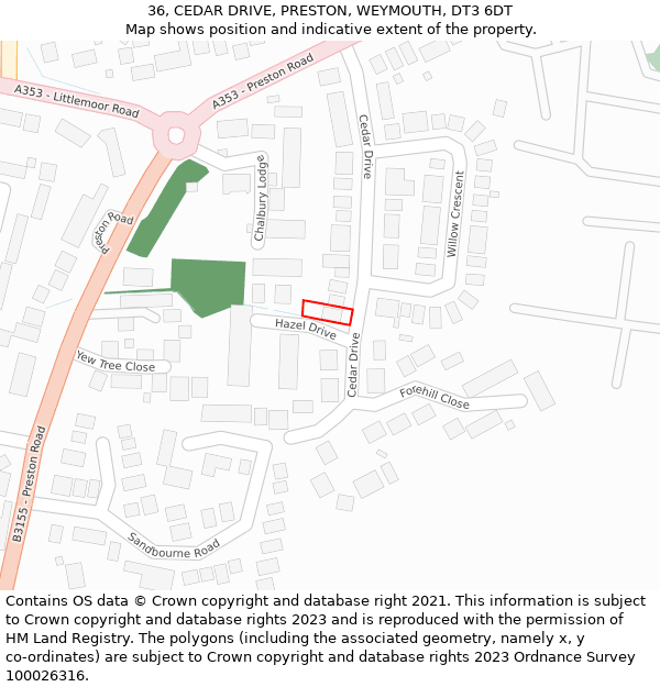 36, CEDAR DRIVE, PRESTON, WEYMOUTH, DT3 6DT: Location map and indicative extent of plot
