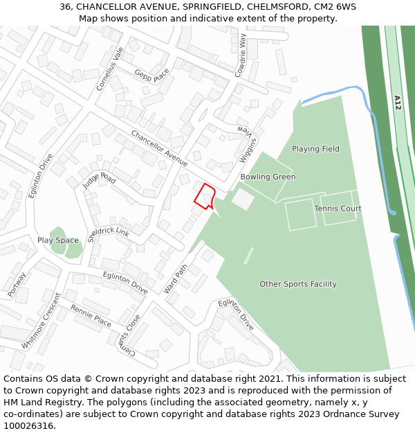 36, CHANCELLOR AVENUE, SPRINGFIELD, CHELMSFORD, CM2 6WS: Location map and indicative extent of plot