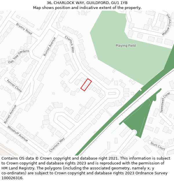 36, CHARLOCK WAY, GUILDFORD, GU1 1YB: Location map and indicative extent of plot