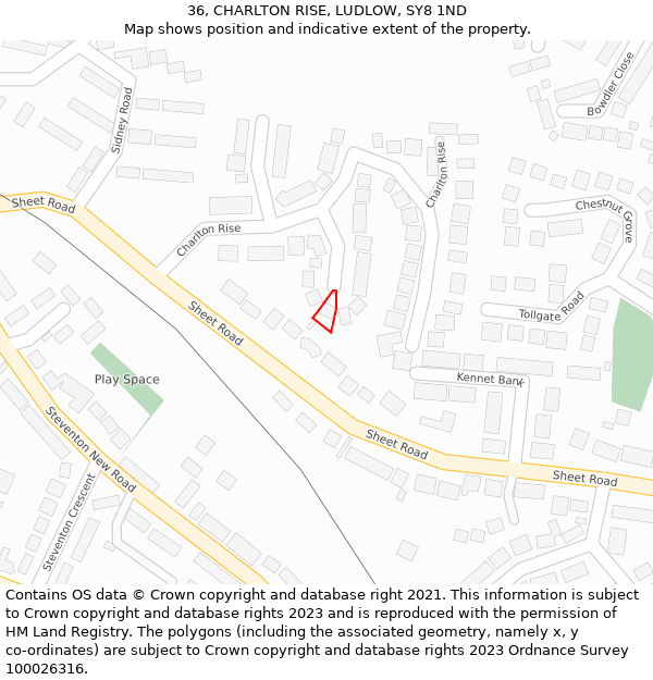 36, CHARLTON RISE, LUDLOW, SY8 1ND: Location map and indicative extent of plot