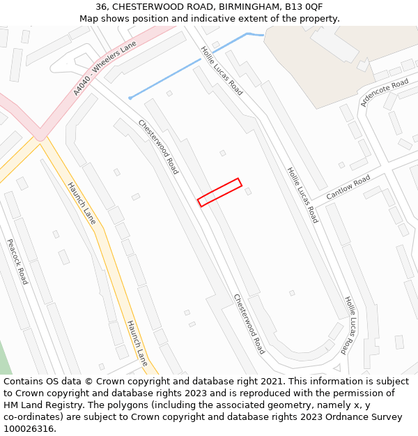 36, CHESTERWOOD ROAD, BIRMINGHAM, B13 0QF: Location map and indicative extent of plot
