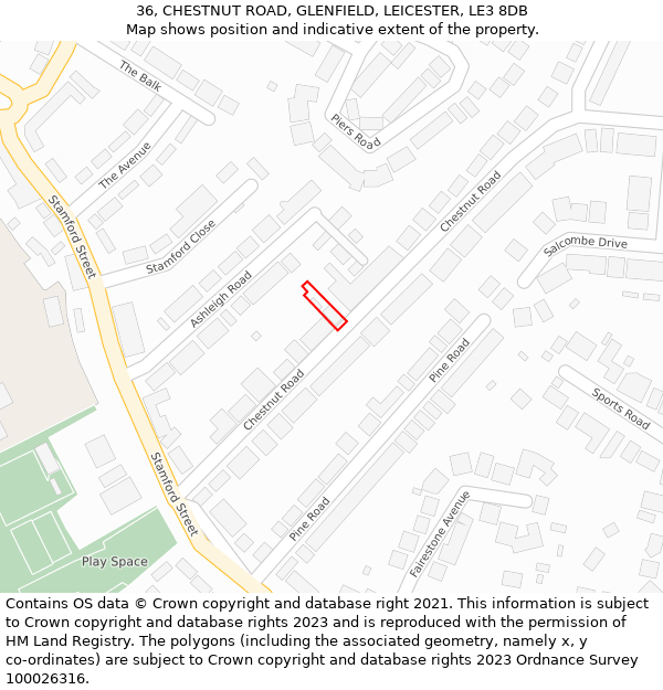 36, CHESTNUT ROAD, GLENFIELD, LEICESTER, LE3 8DB: Location map and indicative extent of plot