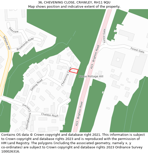 36, CHEVENING CLOSE, CRAWLEY, RH11 9QU: Location map and indicative extent of plot