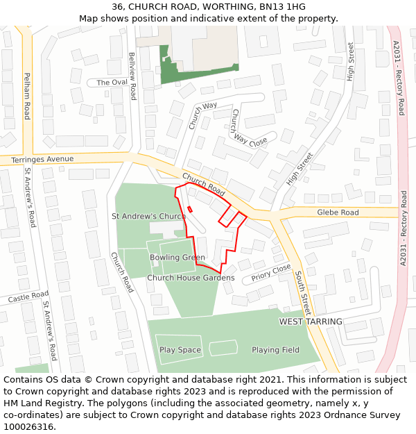 36, CHURCH ROAD, WORTHING, BN13 1HG: Location map and indicative extent of plot