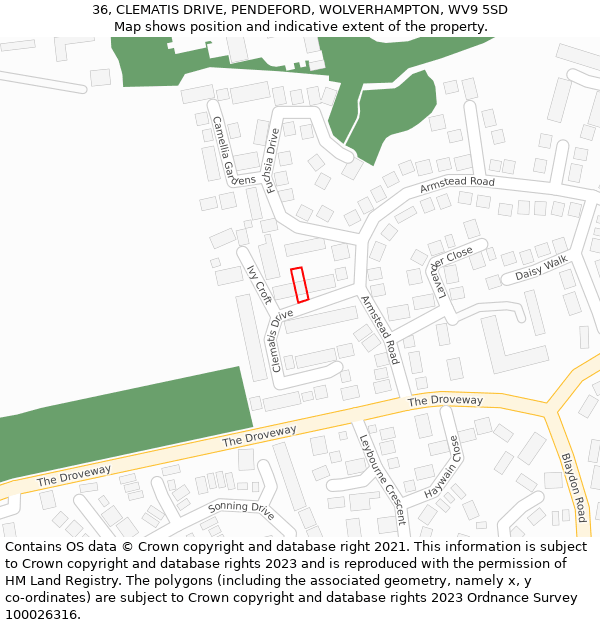 36, CLEMATIS DRIVE, PENDEFORD, WOLVERHAMPTON, WV9 5SD: Location map and indicative extent of plot