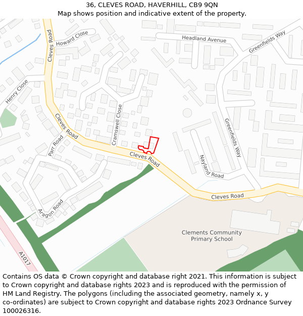 36, CLEVES ROAD, HAVERHILL, CB9 9QN: Location map and indicative extent of plot
