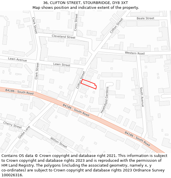 36, CLIFTON STREET, STOURBRIDGE, DY8 3XT: Location map and indicative extent of plot