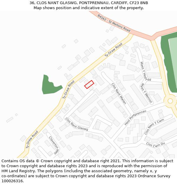 36, CLOS NANT GLASWG, PONTPRENNAU, CARDIFF, CF23 8NB: Location map and indicative extent of plot