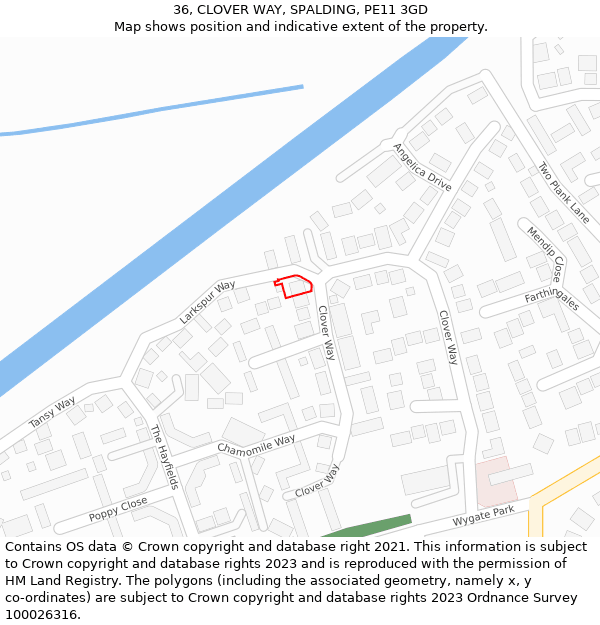 36, CLOVER WAY, SPALDING, PE11 3GD: Location map and indicative extent of plot