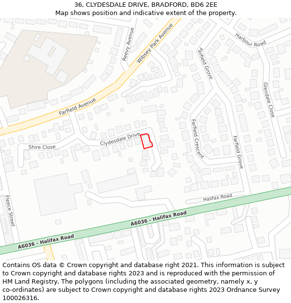 36, CLYDESDALE DRIVE, BRADFORD, BD6 2EE: Location map and indicative extent of plot