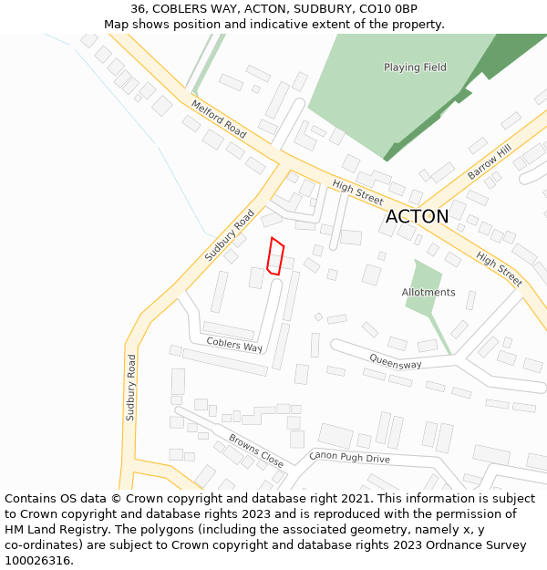 36, COBLERS WAY, ACTON, SUDBURY, CO10 0BP: Location map and indicative extent of plot
