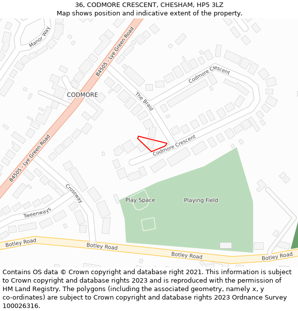 36, CODMORE CRESCENT, CHESHAM, HP5 3LZ: Location map and indicative extent of plot