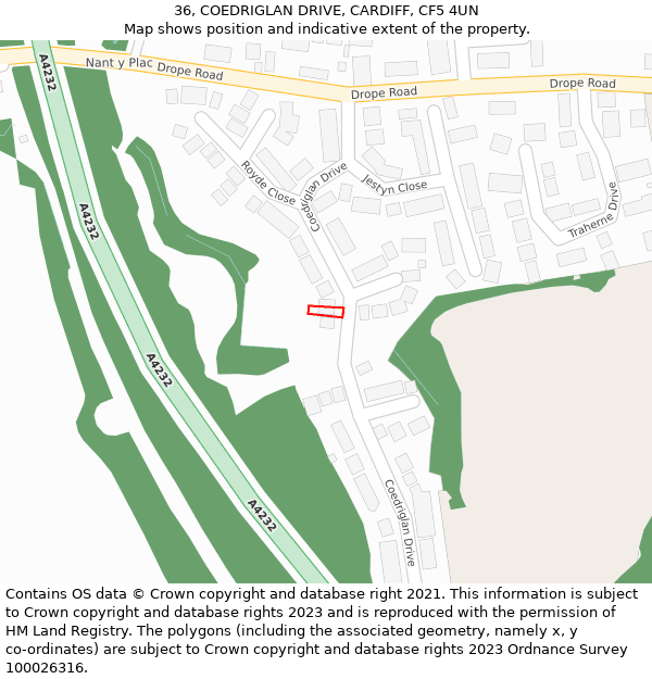 36, COEDRIGLAN DRIVE, CARDIFF, CF5 4UN: Location map and indicative extent of plot