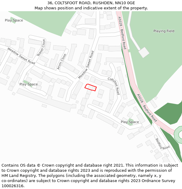 36, COLTSFOOT ROAD, RUSHDEN, NN10 0GE: Location map and indicative extent of plot