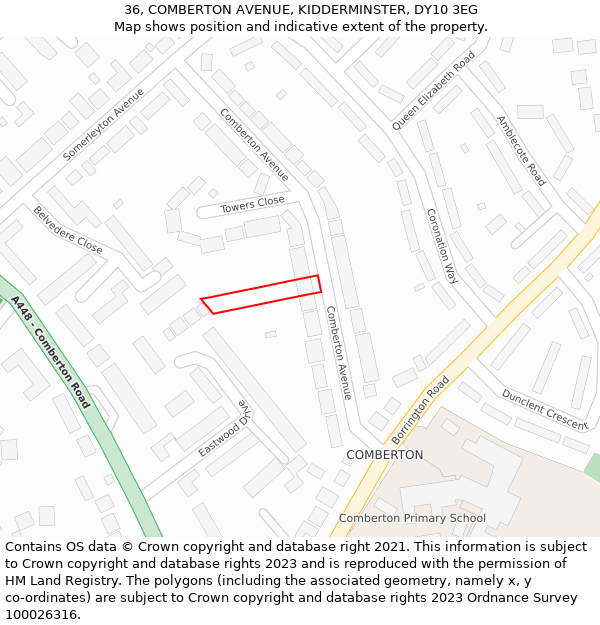 36, COMBERTON AVENUE, KIDDERMINSTER, DY10 3EG: Location map and indicative extent of plot