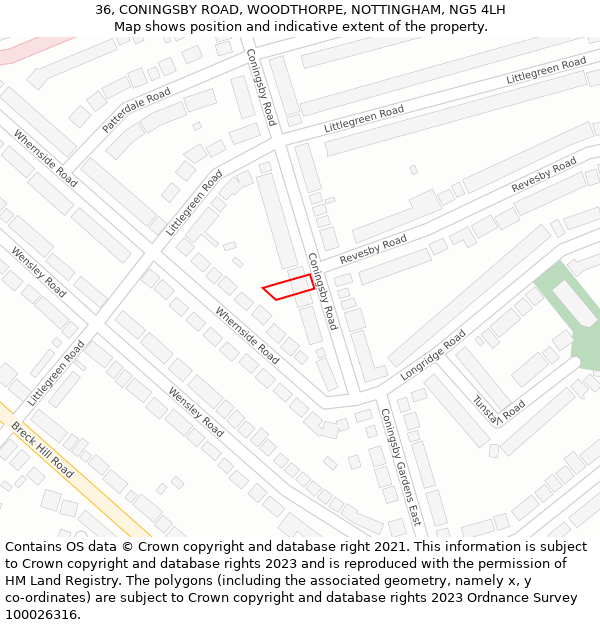 36, CONINGSBY ROAD, WOODTHORPE, NOTTINGHAM, NG5 4LH: Location map and indicative extent of plot