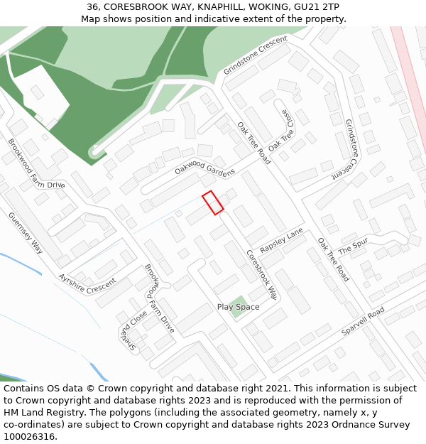 36, CORESBROOK WAY, KNAPHILL, WOKING, GU21 2TP: Location map and indicative extent of plot