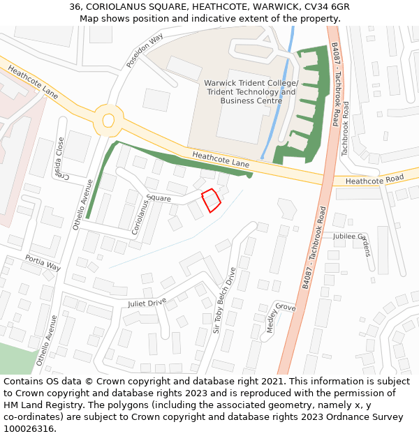 36, CORIOLANUS SQUARE, HEATHCOTE, WARWICK, CV34 6GR: Location map and indicative extent of plot