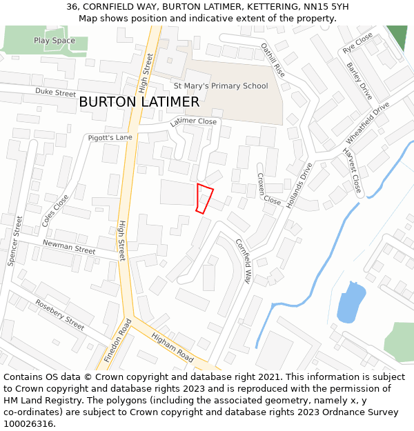 36, CORNFIELD WAY, BURTON LATIMER, KETTERING, NN15 5YH: Location map and indicative extent of plot