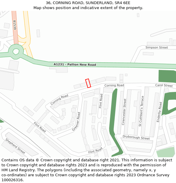 36, CORNING ROAD, SUNDERLAND, SR4 6EE: Location map and indicative extent of plot