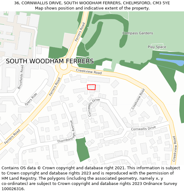 36, CORNWALLIS DRIVE, SOUTH WOODHAM FERRERS, CHELMSFORD, CM3 5YE: Location map and indicative extent of plot