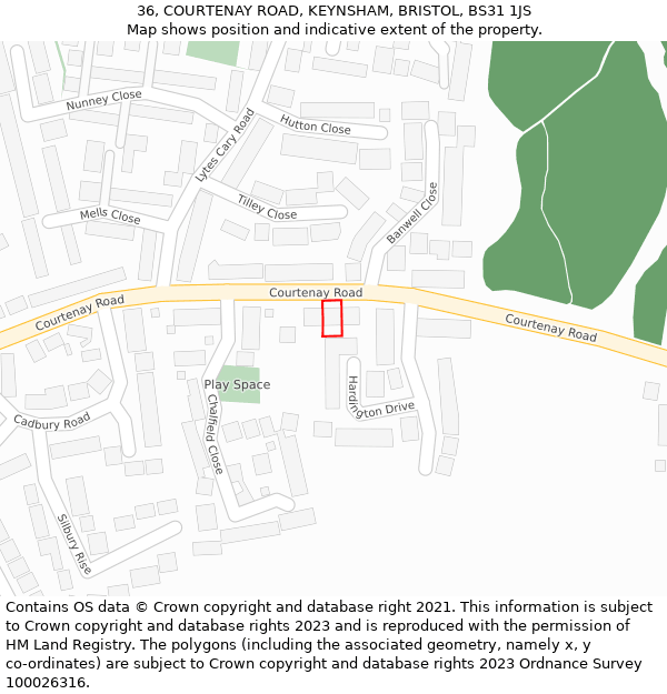 36, COURTENAY ROAD, KEYNSHAM, BRISTOL, BS31 1JS: Location map and indicative extent of plot