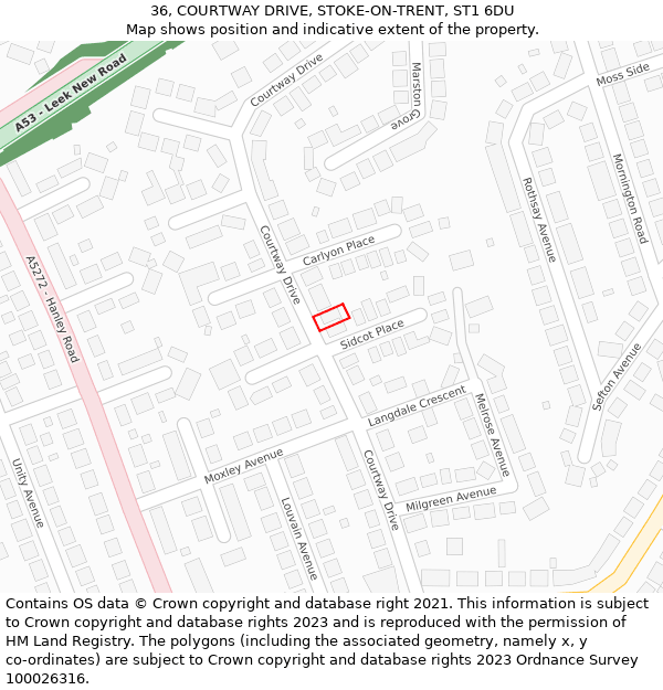 36, COURTWAY DRIVE, STOKE-ON-TRENT, ST1 6DU: Location map and indicative extent of plot