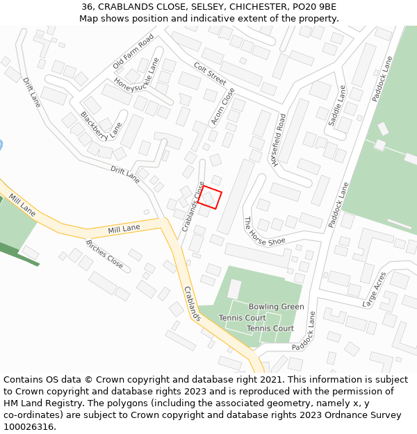 36, CRABLANDS CLOSE, SELSEY, CHICHESTER, PO20 9BE: Location map and indicative extent of plot