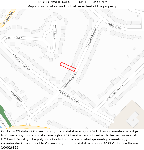 36, CRAIGWEIL AVENUE, RADLETT, WD7 7EY: Location map and indicative extent of plot