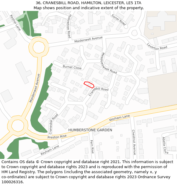 36, CRANESBILL ROAD, HAMILTON, LEICESTER, LE5 1TA: Location map and indicative extent of plot
