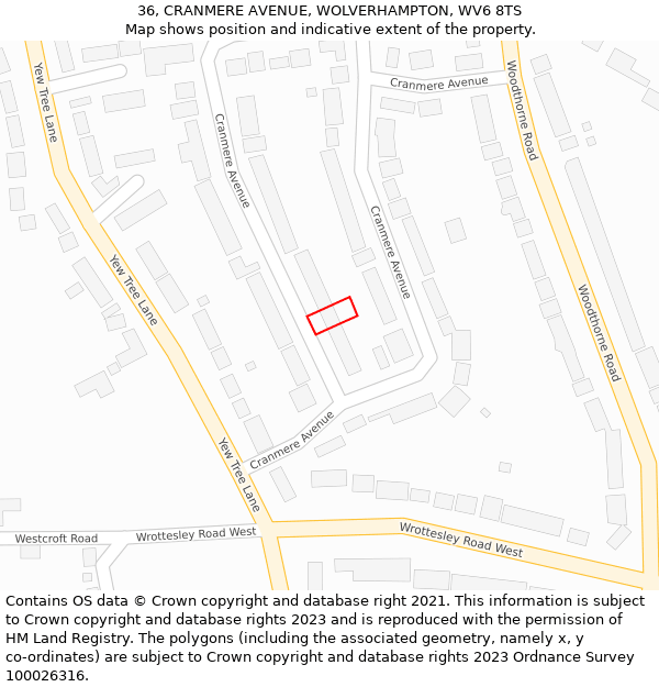36, CRANMERE AVENUE, WOLVERHAMPTON, WV6 8TS: Location map and indicative extent of plot