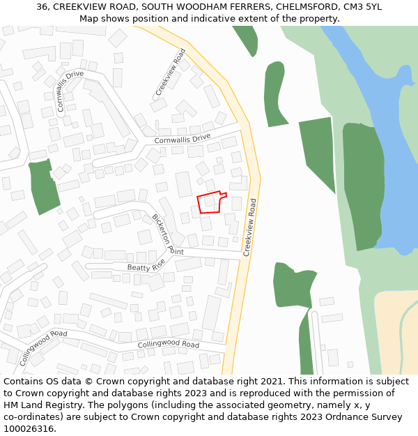 36, CREEKVIEW ROAD, SOUTH WOODHAM FERRERS, CHELMSFORD, CM3 5YL: Location map and indicative extent of plot
