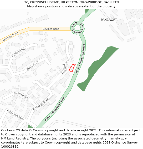 36, CRESSWELL DRIVE, HILPERTON, TROWBRIDGE, BA14 7TN: Location map and indicative extent of plot