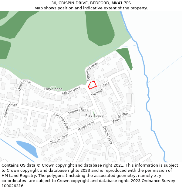 36, CRISPIN DRIVE, BEDFORD, MK41 7FS: Location map and indicative extent of plot