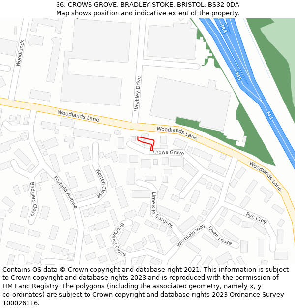 36, CROWS GROVE, BRADLEY STOKE, BRISTOL, BS32 0DA: Location map and indicative extent of plot