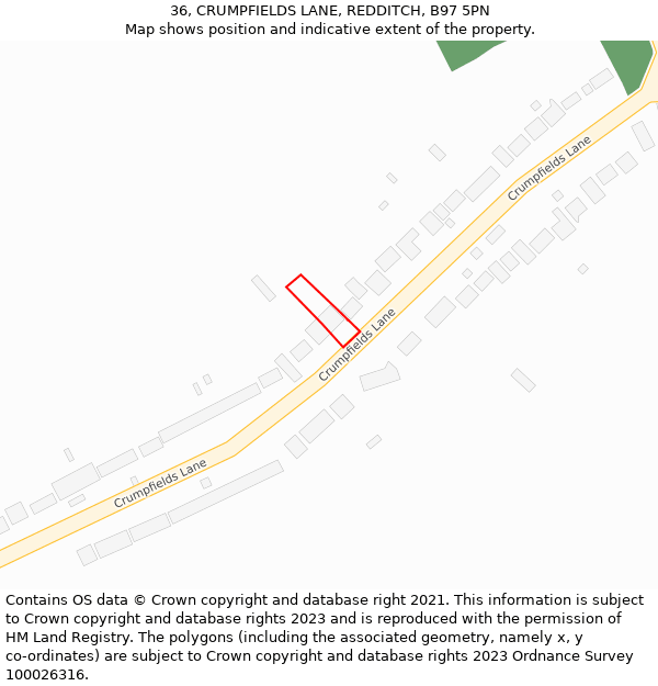 36, CRUMPFIELDS LANE, REDDITCH, B97 5PN: Location map and indicative extent of plot