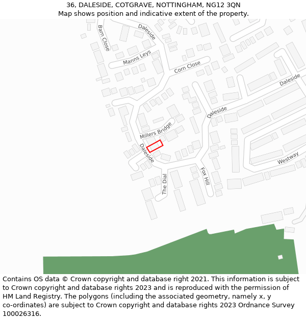 36, DALESIDE, COTGRAVE, NOTTINGHAM, NG12 3QN: Location map and indicative extent of plot