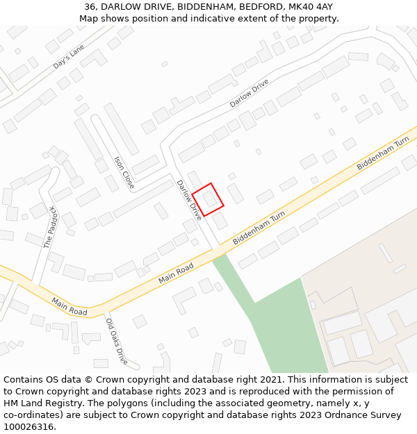 36, DARLOW DRIVE, BIDDENHAM, BEDFORD, MK40 4AY: Location map and indicative extent of plot