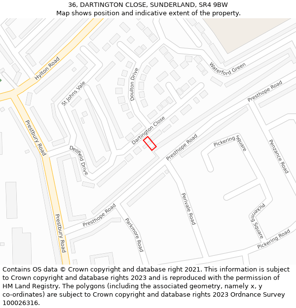 36, DARTINGTON CLOSE, SUNDERLAND, SR4 9BW: Location map and indicative extent of plot