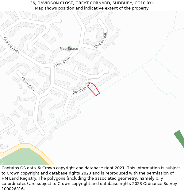 36, DAVIDSON CLOSE, GREAT CORNARD, SUDBURY, CO10 0YU: Location map and indicative extent of plot