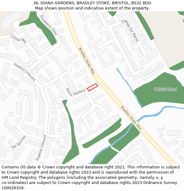 36, DIANA GARDENS, BRADLEY STOKE, BRISTOL, BS32 8DD: Location map and indicative extent of plot
