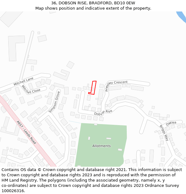36, DOBSON RISE, BRADFORD, BD10 0EW: Location map and indicative extent of plot