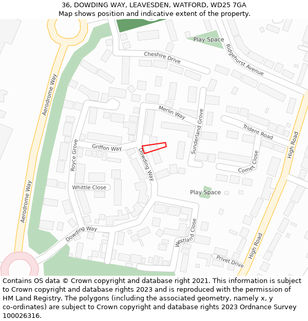 36, DOWDING WAY, LEAVESDEN, WATFORD, WD25 7GA: Location map and indicative extent of plot