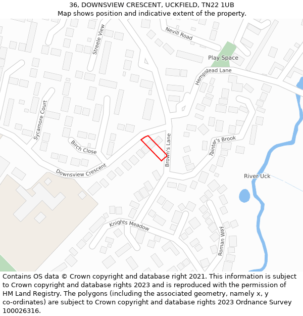 36, DOWNSVIEW CRESCENT, UCKFIELD, TN22 1UB: Location map and indicative extent of plot
