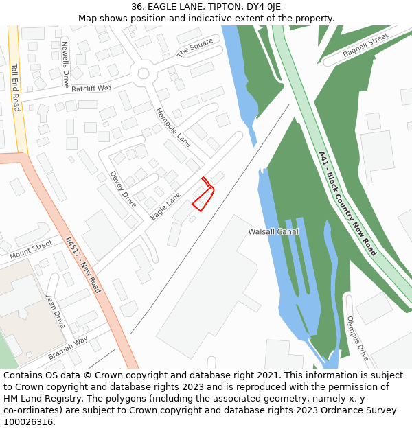 36, EAGLE LANE, TIPTON, DY4 0JE: Location map and indicative extent of plot