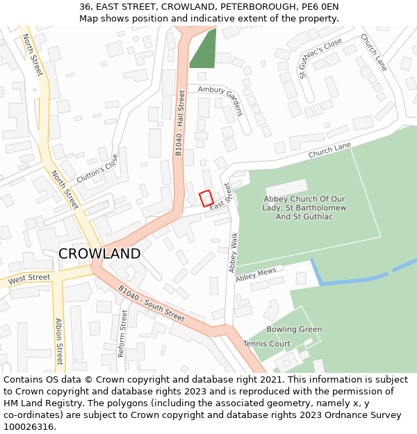 36, EAST STREET, CROWLAND, PETERBOROUGH, PE6 0EN: Location map and indicative extent of plot